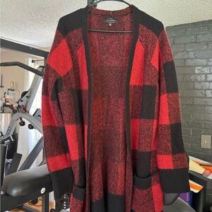 Lucky Brand Red and Black Plaid Cardigan